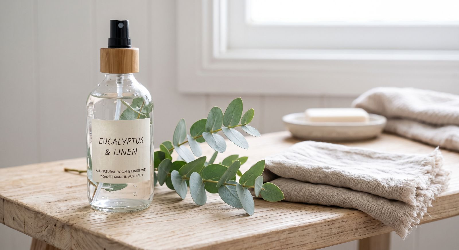 Glass spray bottle with eucalyptus and folded linen