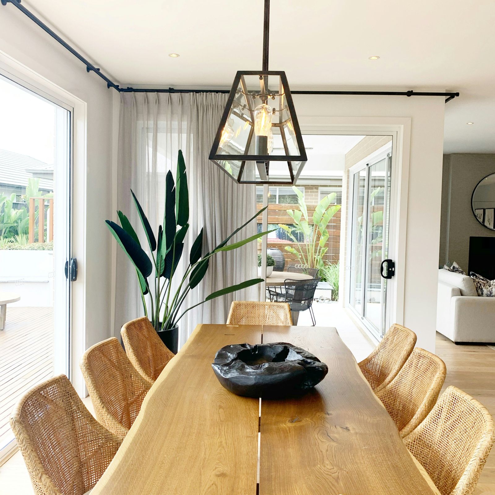 Timber dining room filled with natural light